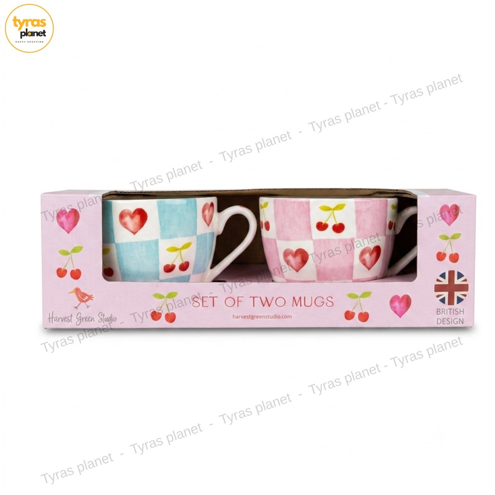 Harvest Green Studio 18oz Porcelain Cherry & Hearts Set of  2 Mugs - NEW IN BOX